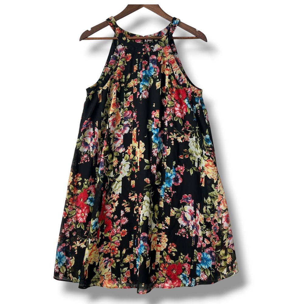 Betsey Johnson Dress 8 Black Floral Halter Chiffon Trapeze Lined Whimsy Cottage